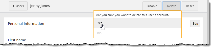 Confirm you want to delete the user account.